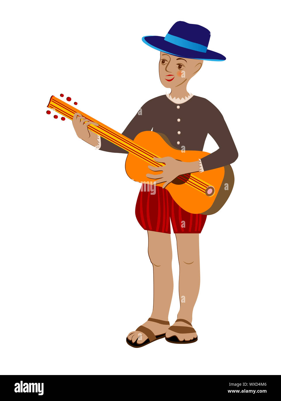 Disegnata a mano illustrazione di un ragazzo di origine ispanica a suonare la chitarra e cantare, cartoon isolato su bianco Foto Stock