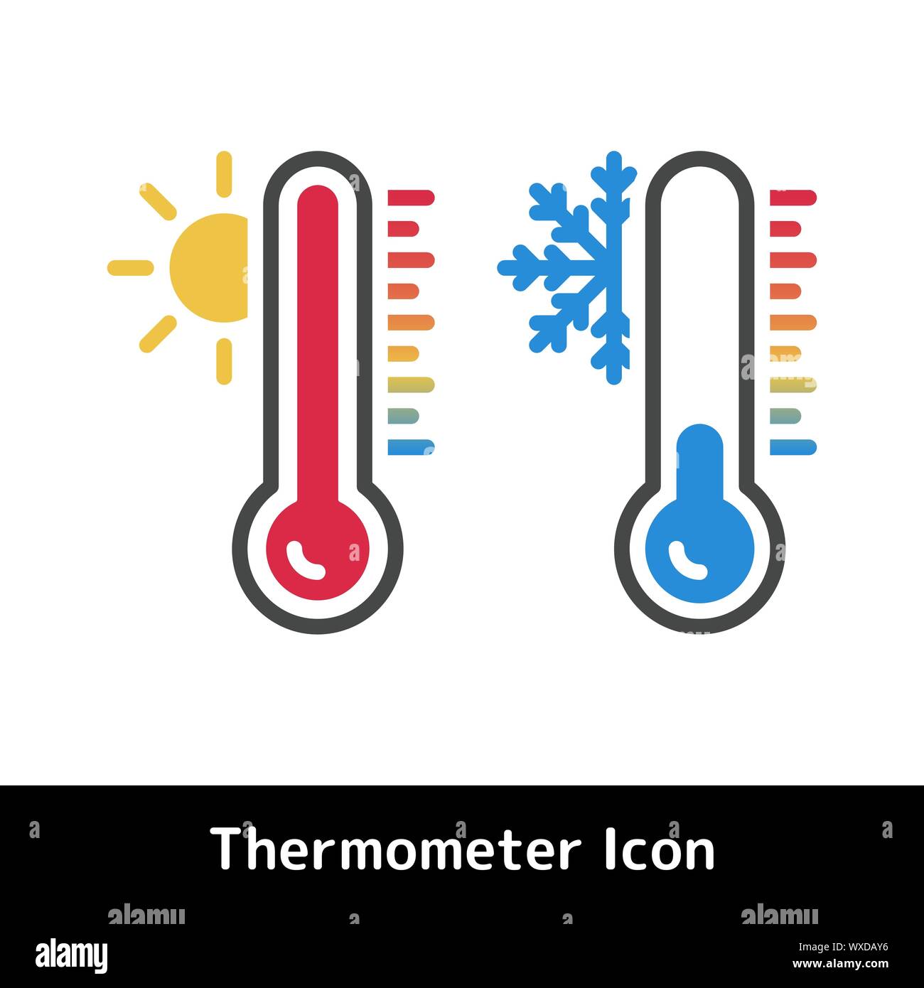 L'icona del termometro per temperature calde e fredde simboli, piatta illustrazione vettoriale Illustrazione Vettoriale