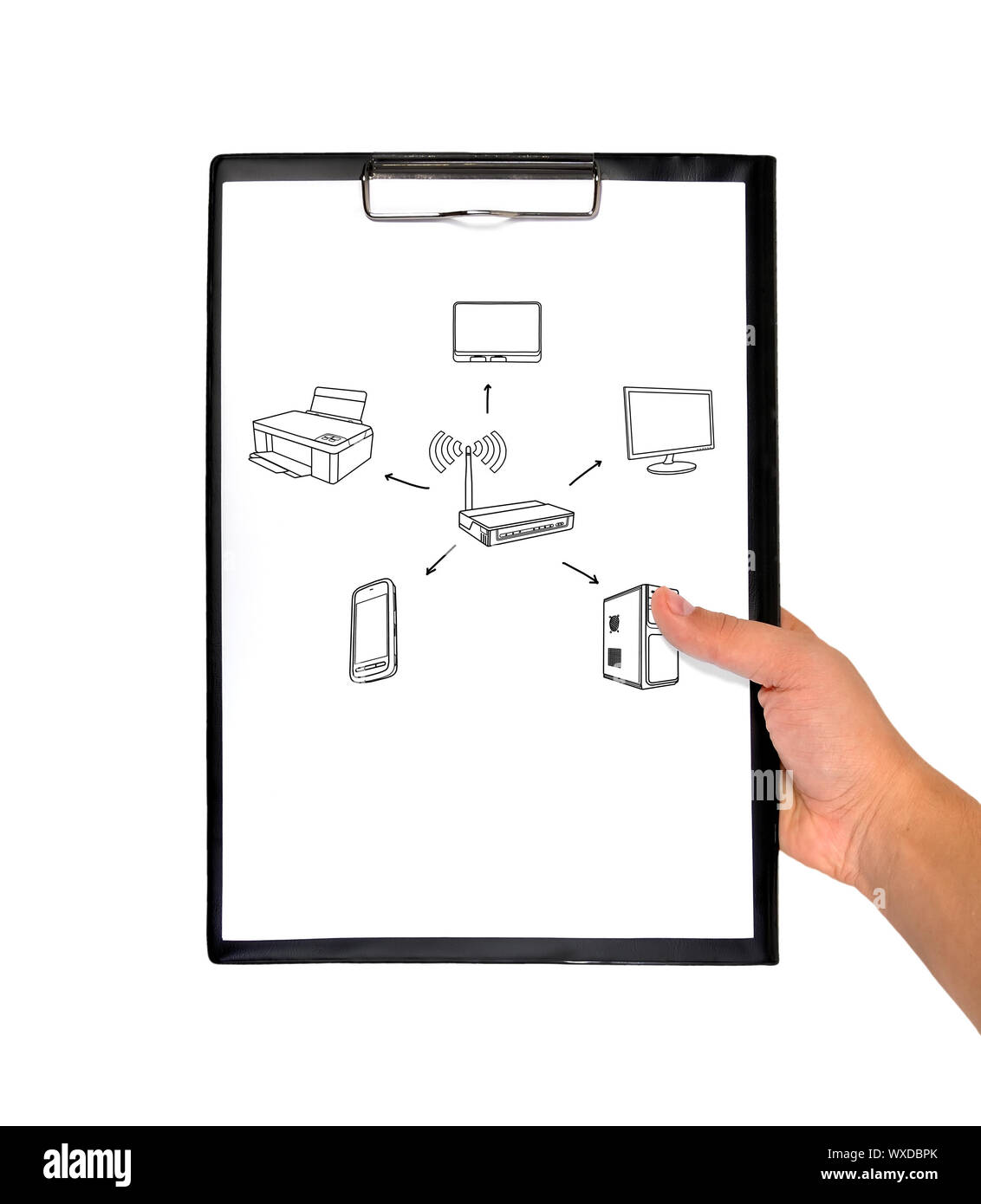 Appunti con sistema wi-fi in mano su uno sfondo bianco Foto Stock