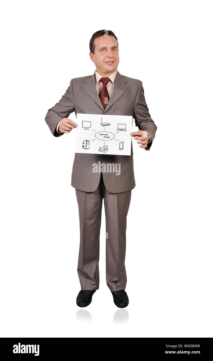 Imprenditore targhetta di contenimento con lo schema della rete di computer Foto Stock