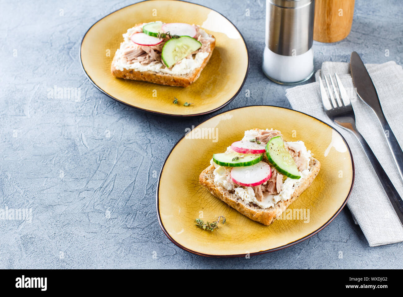 Delizioso sandwich di tonno, servito con rafano e cetriolo Foto Stock