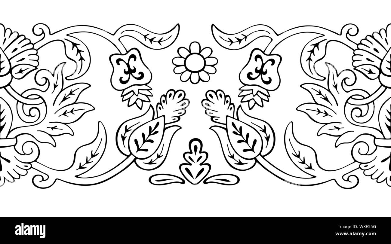 Ornamento floreale seamless pattern per la progettazione. Disegnata a mano nastro vettore elemento vintage. In bianco e nero in stile lineare Illustrazione Vettoriale