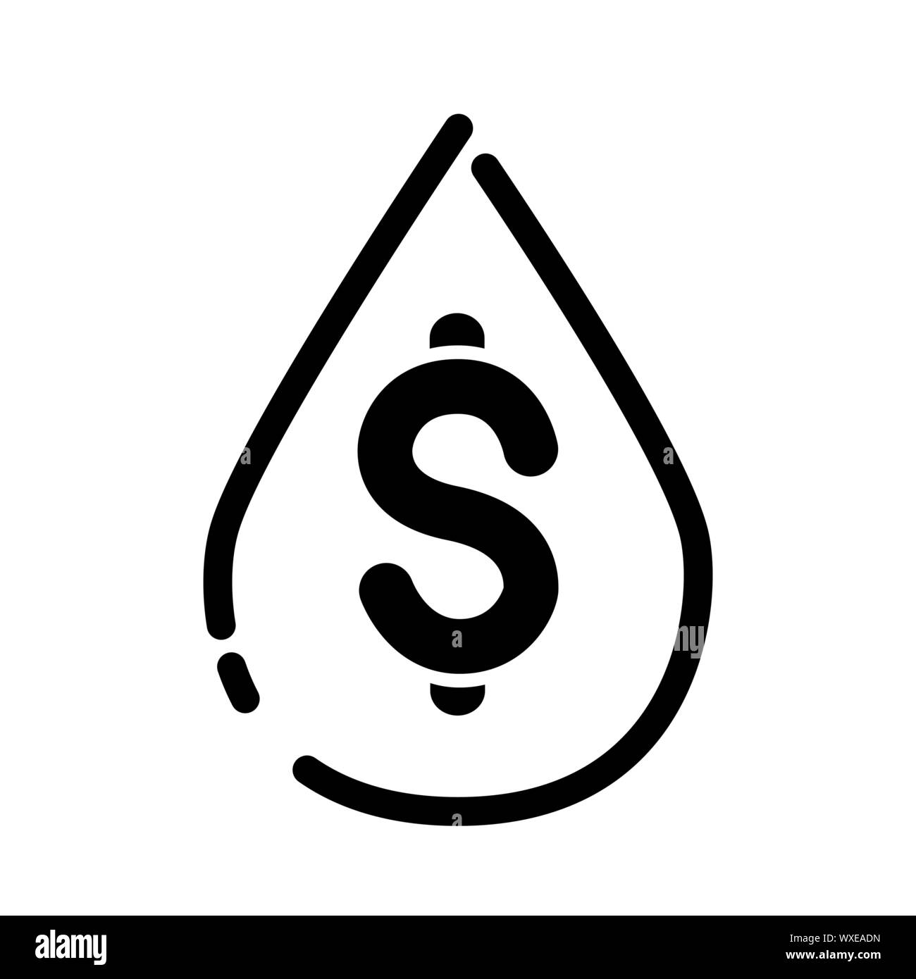 Goccia di olio, il prezzo, il prezzo dell'acqua, goccia con il simbolo del dollaro, di crescita economica e di declino lineare icona singolo isolato sfondo bianco Illustrazione Vettoriale