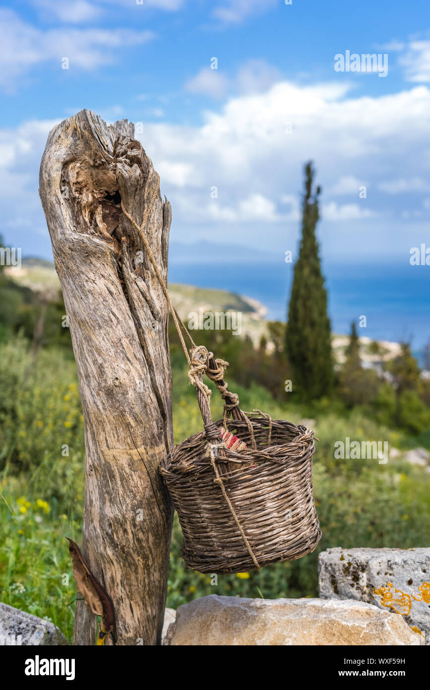 Cesto in Vimini impiccati sul vecchio tronco di albero Foto Stock