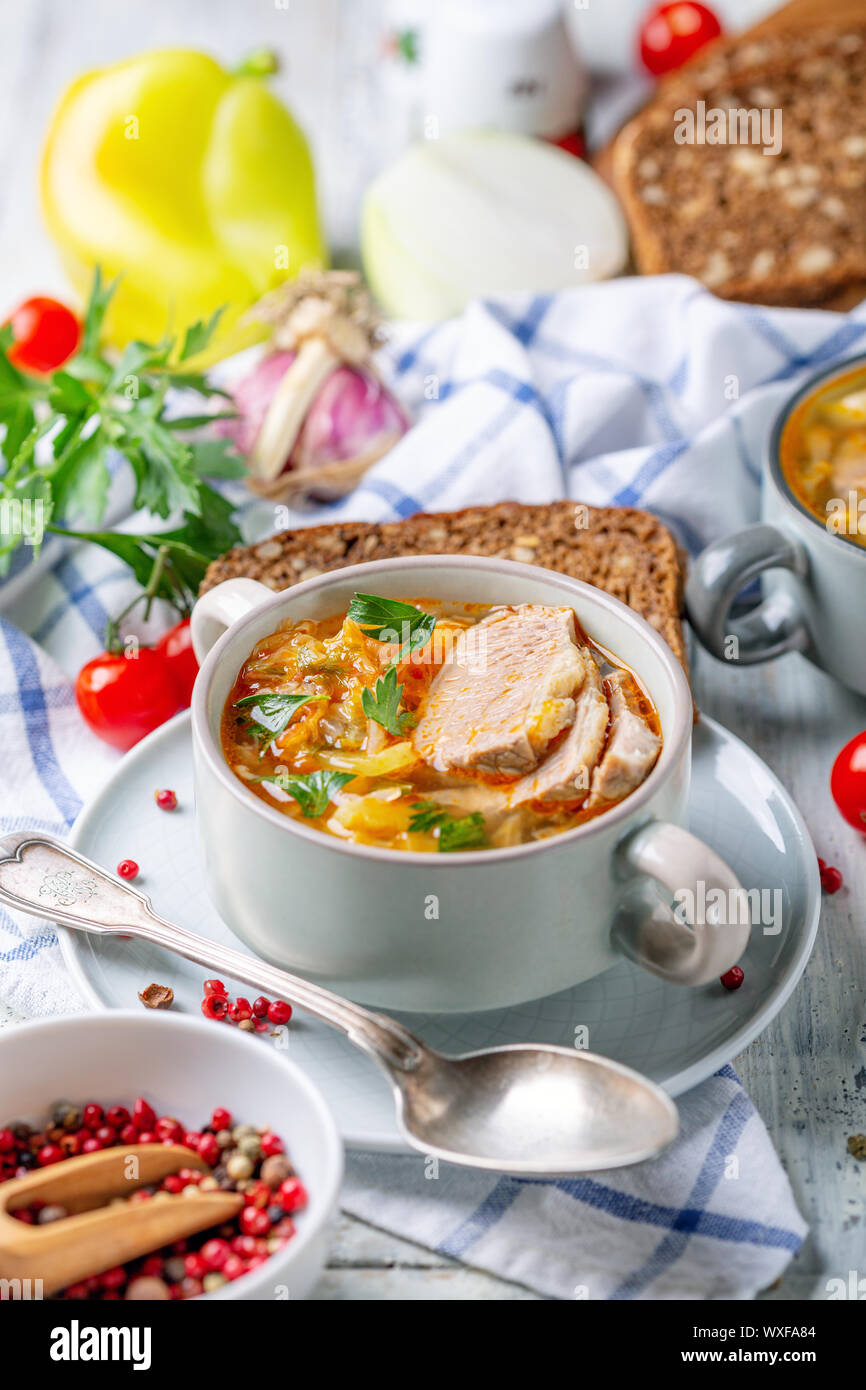 La zuppa di cavolo fresco, la carne e le erbe aromatiche fresche. Foto Stock