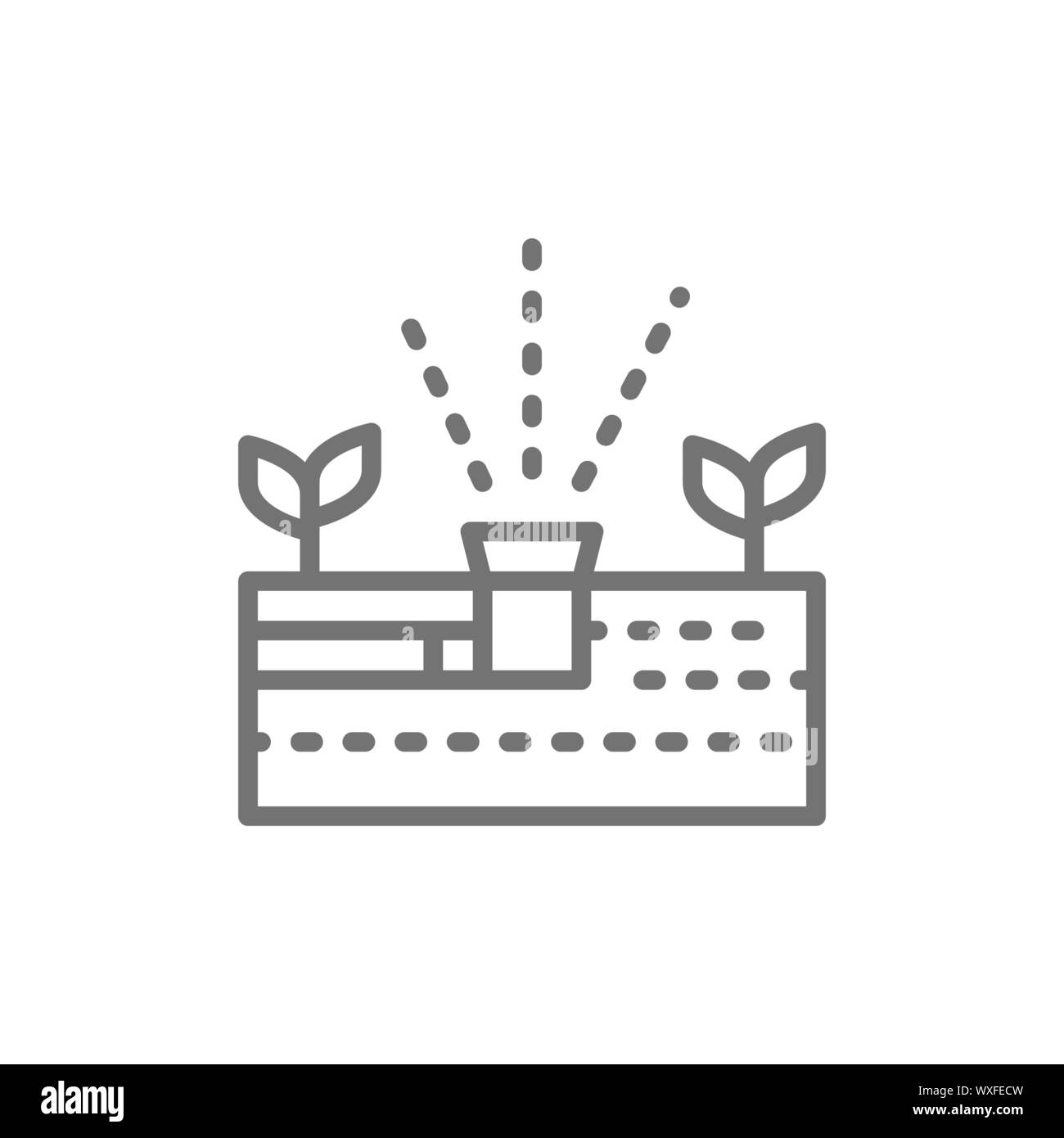 Impianto di vettore di irrigazione, aquaponics system icona linea. Illustrazione Vettoriale