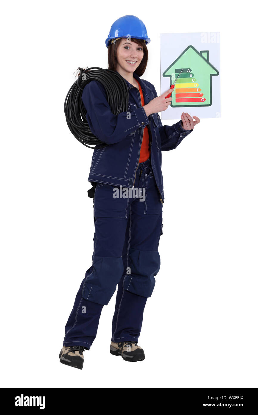 Elettricista con una energia scheda Classificazione Foto Stock