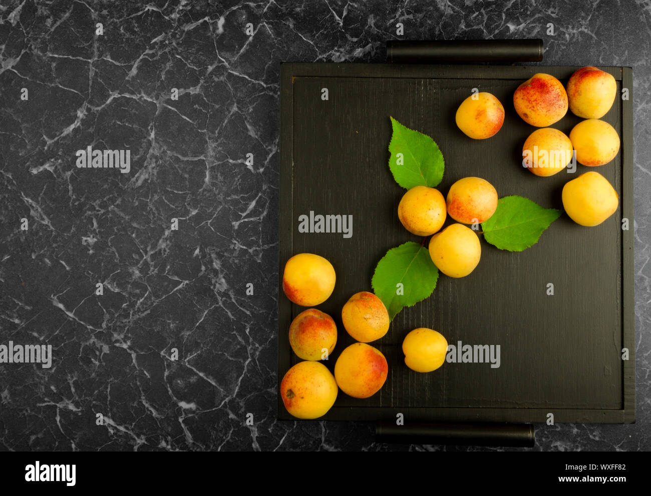 Albicocche mature giacente sul Tray nero su sfondo scuro Foto Stock