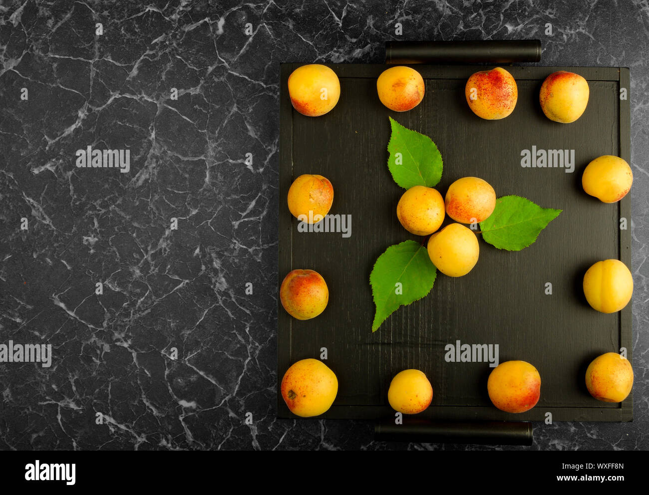 Albicocche mature giacente sul Tray nero su sfondo scuro Foto Stock