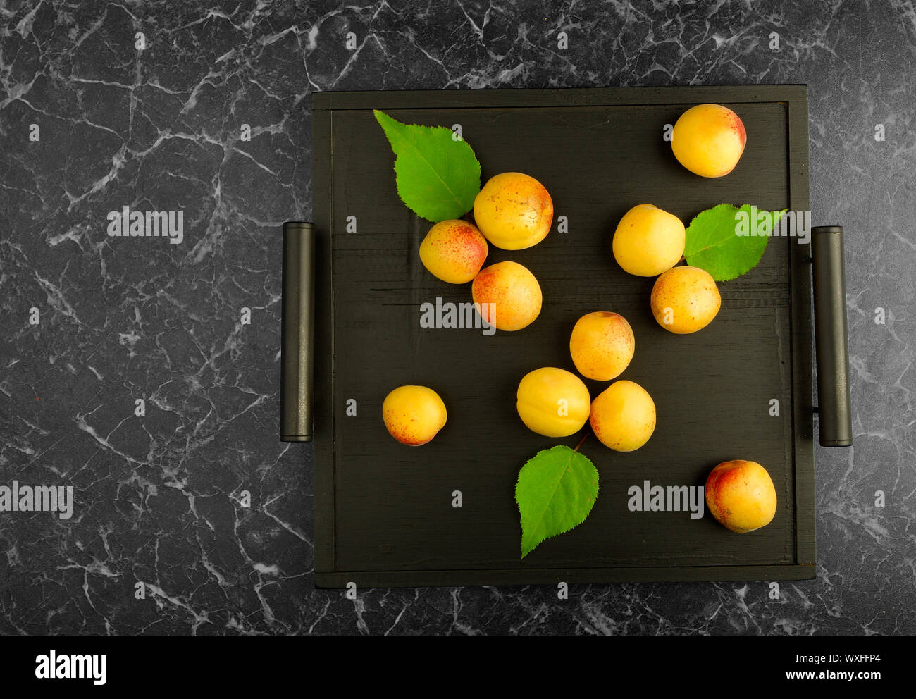 Albicocche mature giacente sul Tray nero su sfondo scuro Foto Stock