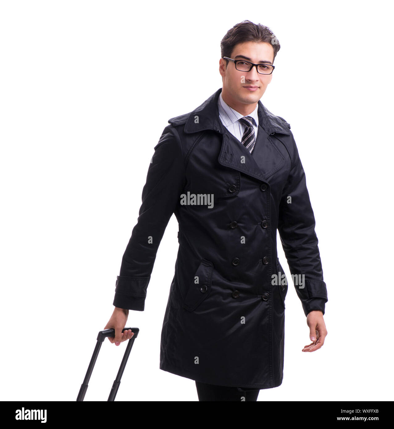 Giovane imprenditore con valigia pronto per il viaggio di lavoro su bianco Foto Stock