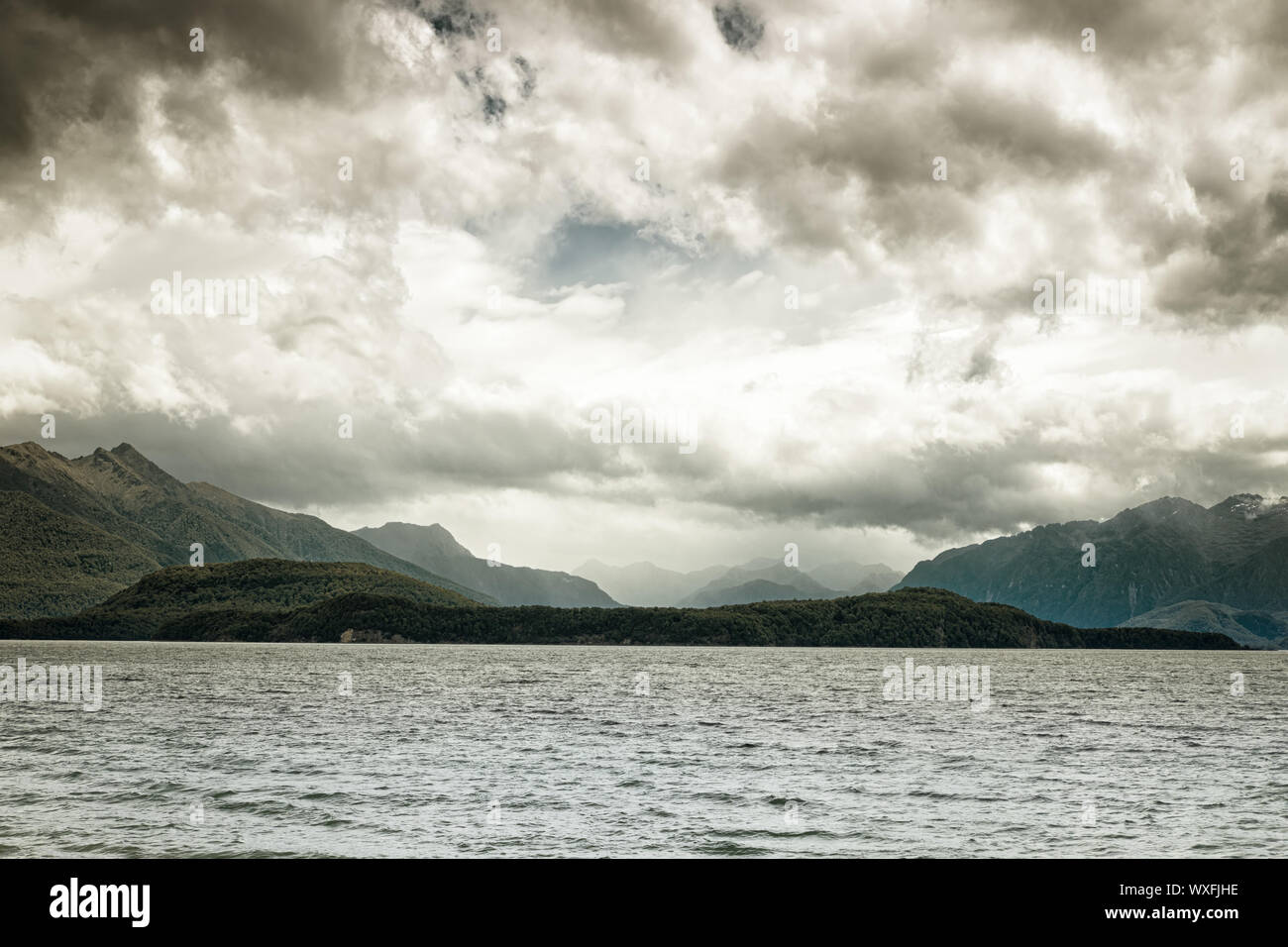 Panorama sul Lago Te Anau, Nuova Zelanda Foto Stock