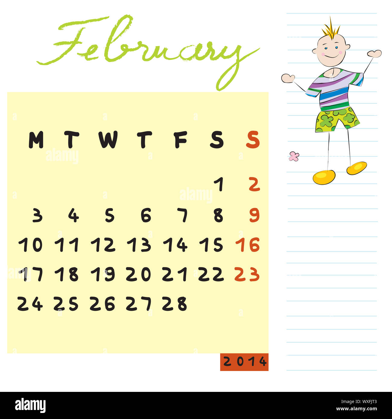 Febbraio 2014 illustrazione, disegnato a mano il design del calendario con capretto, open-minded profilo studente per le scuole internazionali Foto Stock