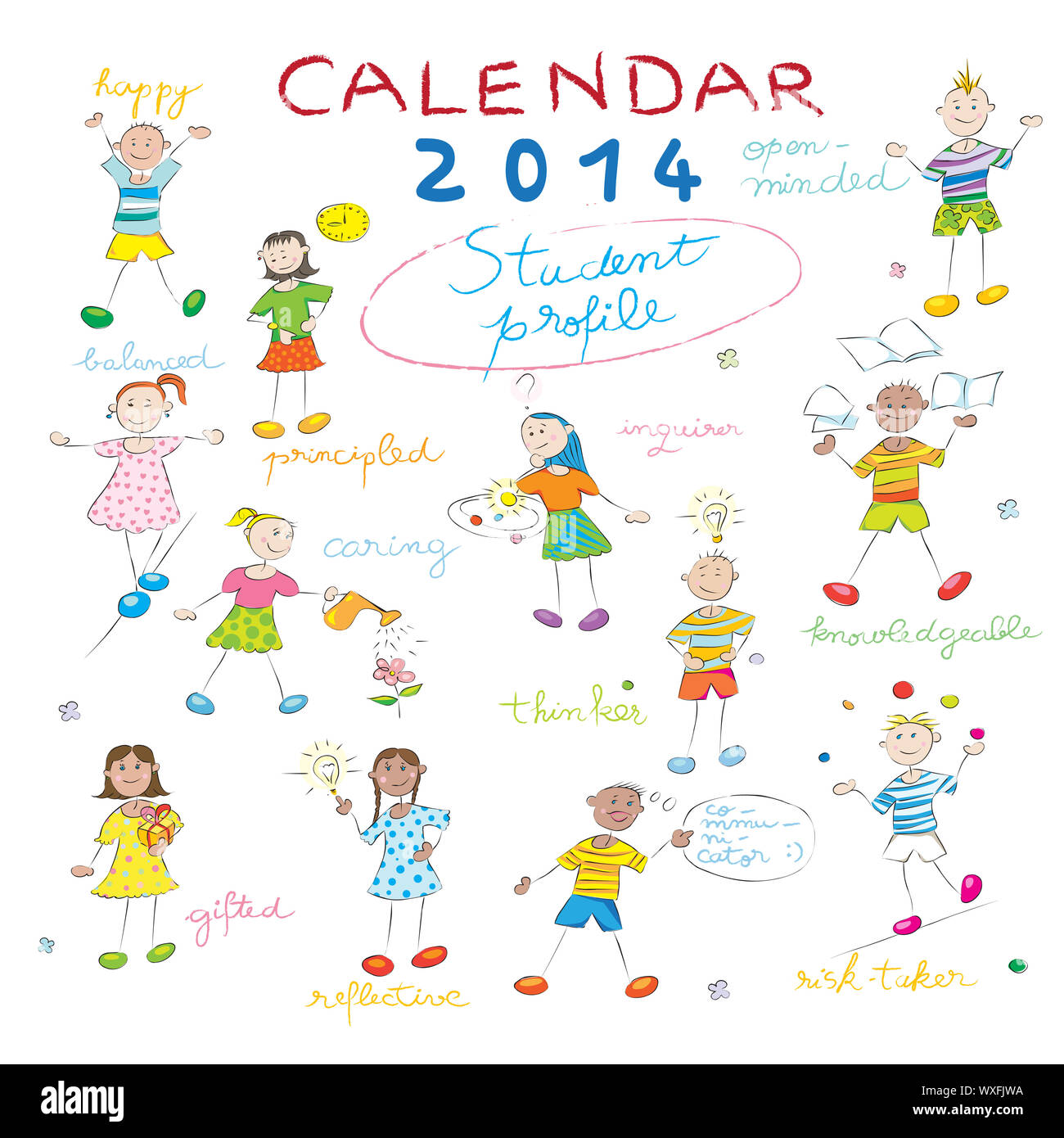 2014 La copertina del calendario su una lavagna con il profilo Studente, design di copertura con bambini illustrazione per le scuole Foto Stock