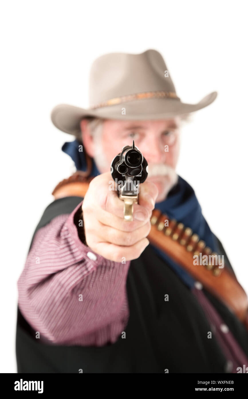 Chubby cowboy con pistola su sfondo bianco Foto Stock