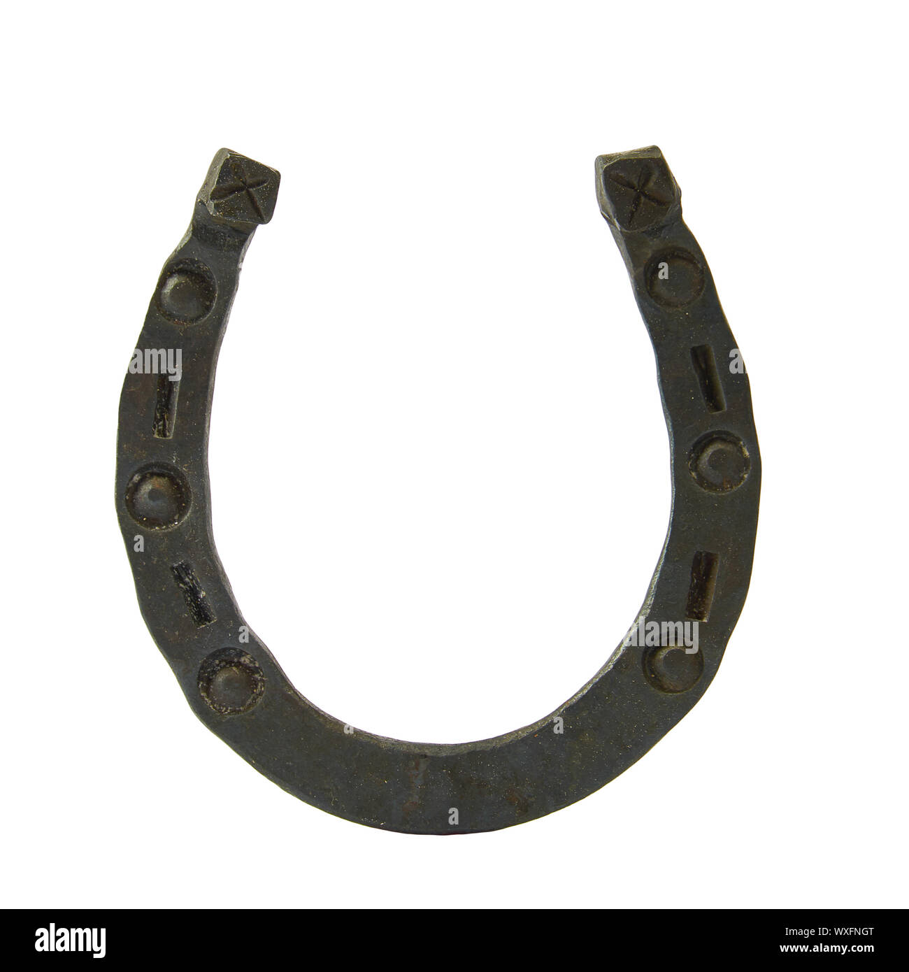 Ferro di cavallo in metallo con pattern isolato su bianco Foto Stock