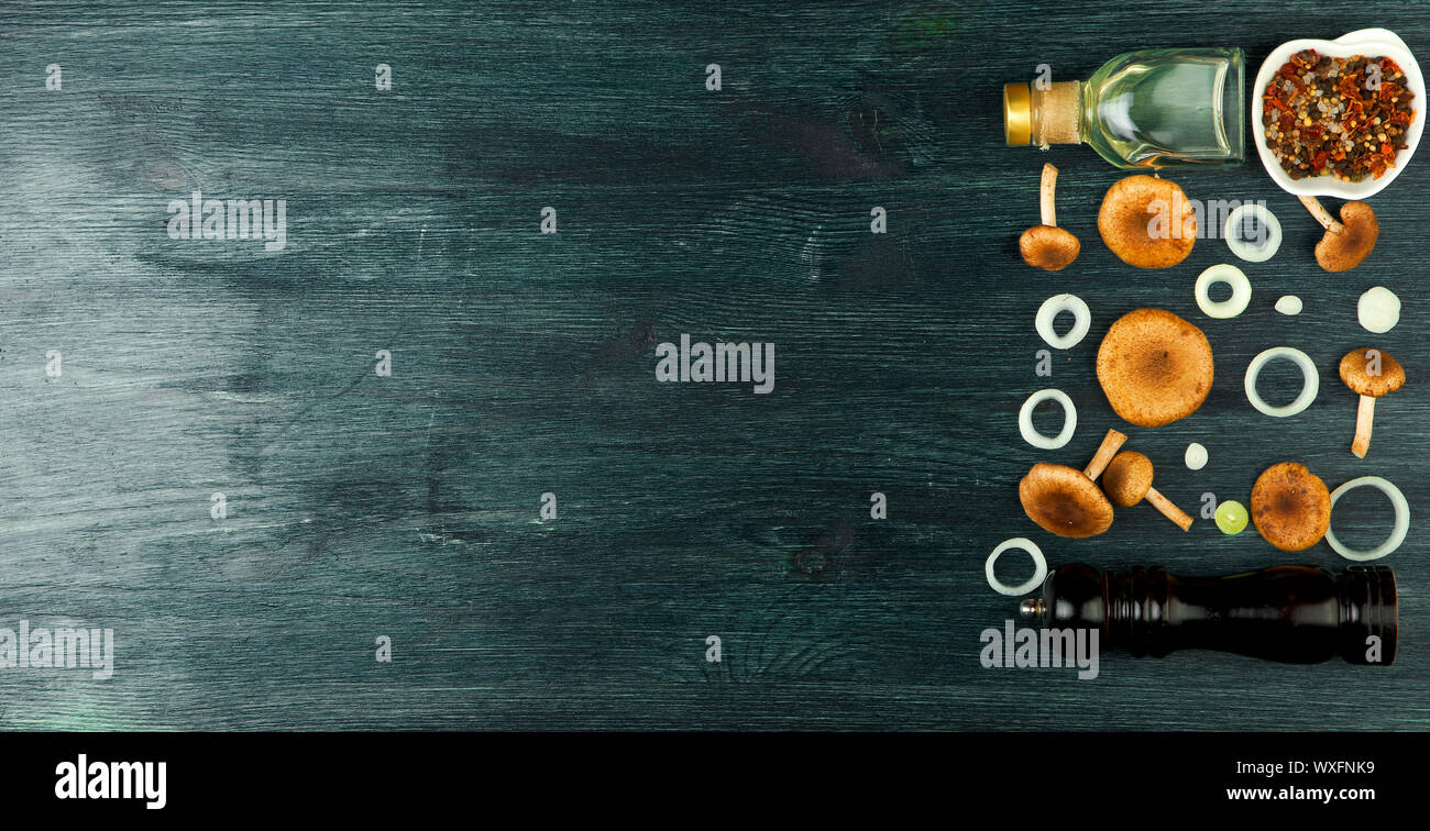 I funghi freschi con le spezie e le erbe sul bordo nero. Vista da sopra. Copia dello spazio. Foto Stock