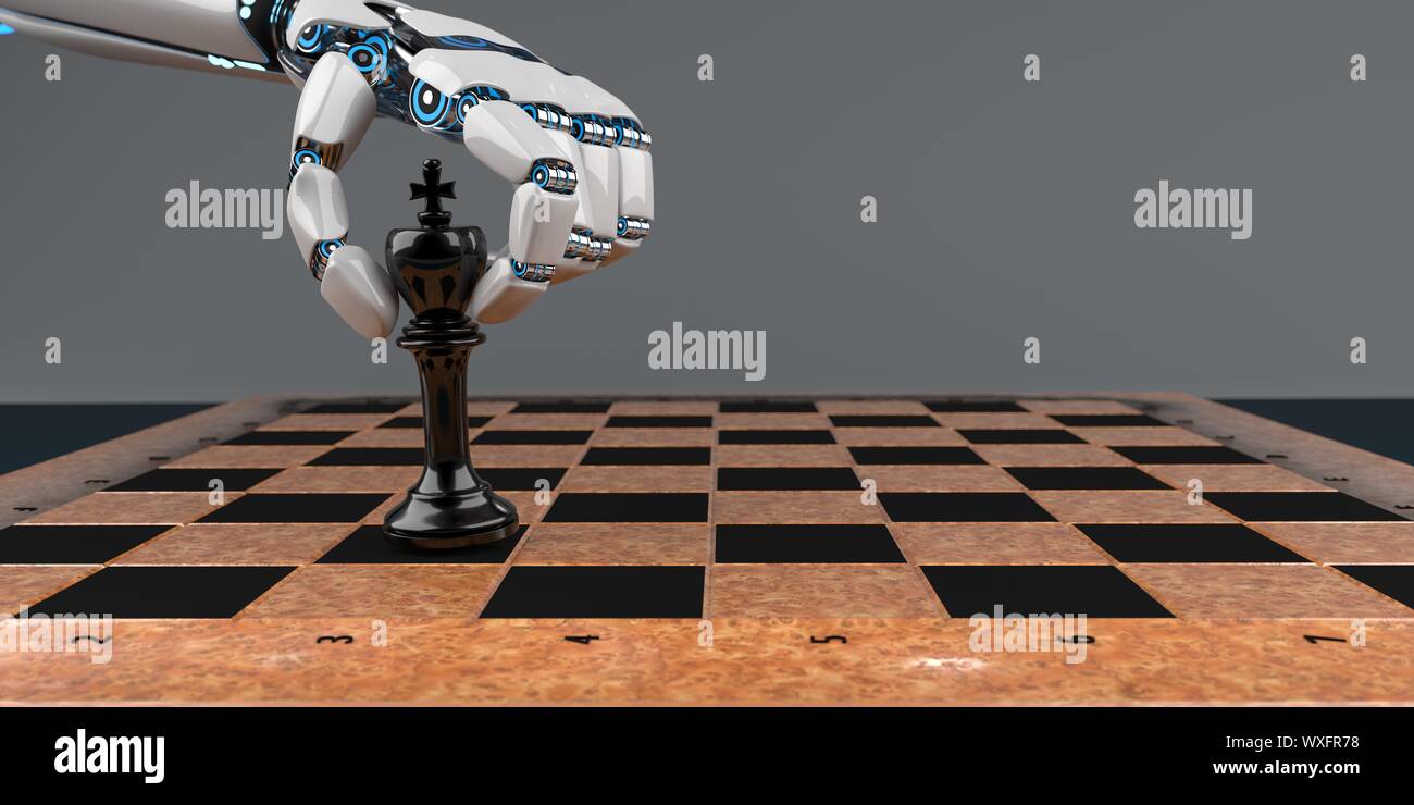 Roboter mano Schach Koenig Dunkler Hintergrund.jpg Foto Stock