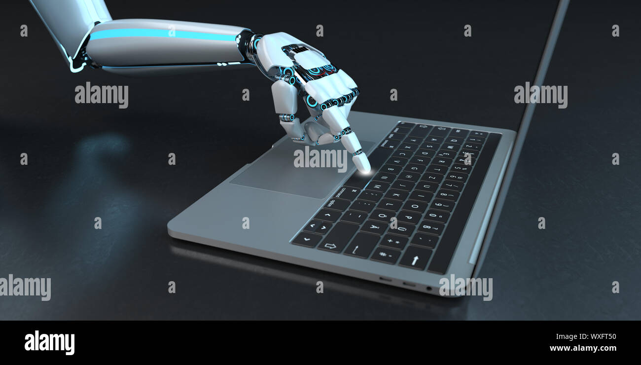 Robot umanoide mano notebook fare clic su Foto Stock