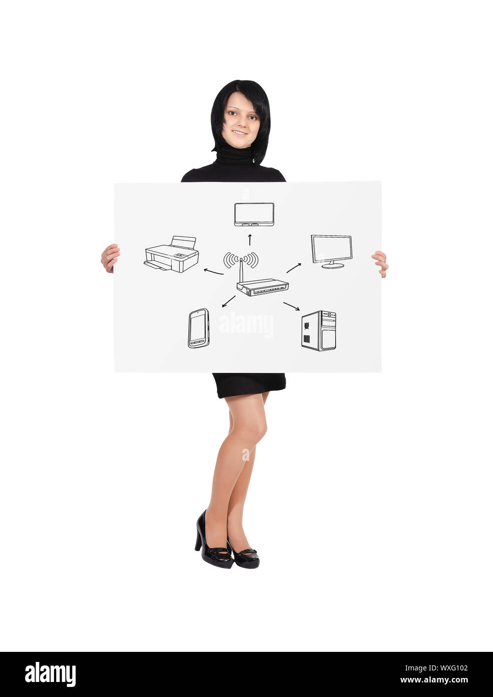 Donna che mantiene billboard con sistema wireless Foto Stock