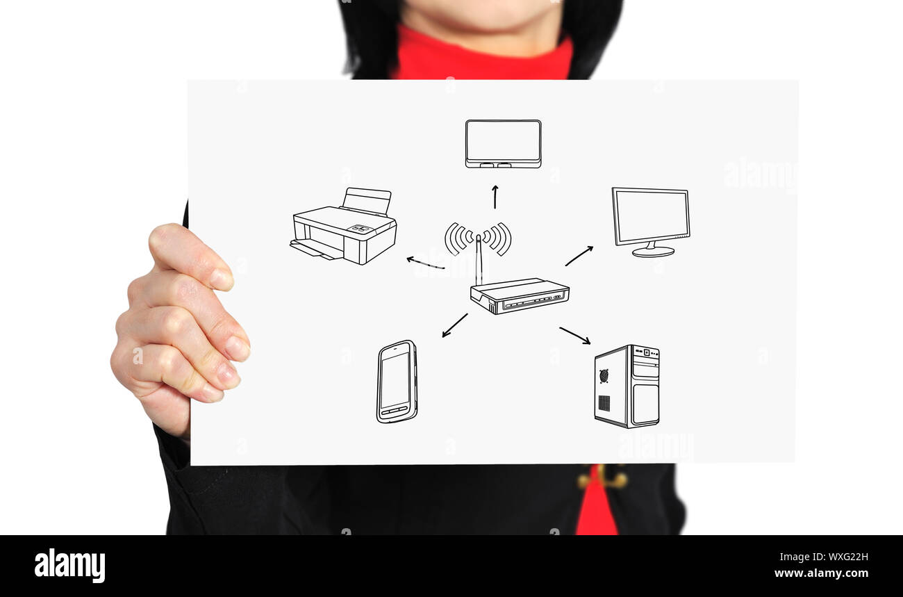 Donna che mantiene la carta con sistema wireless Foto Stock