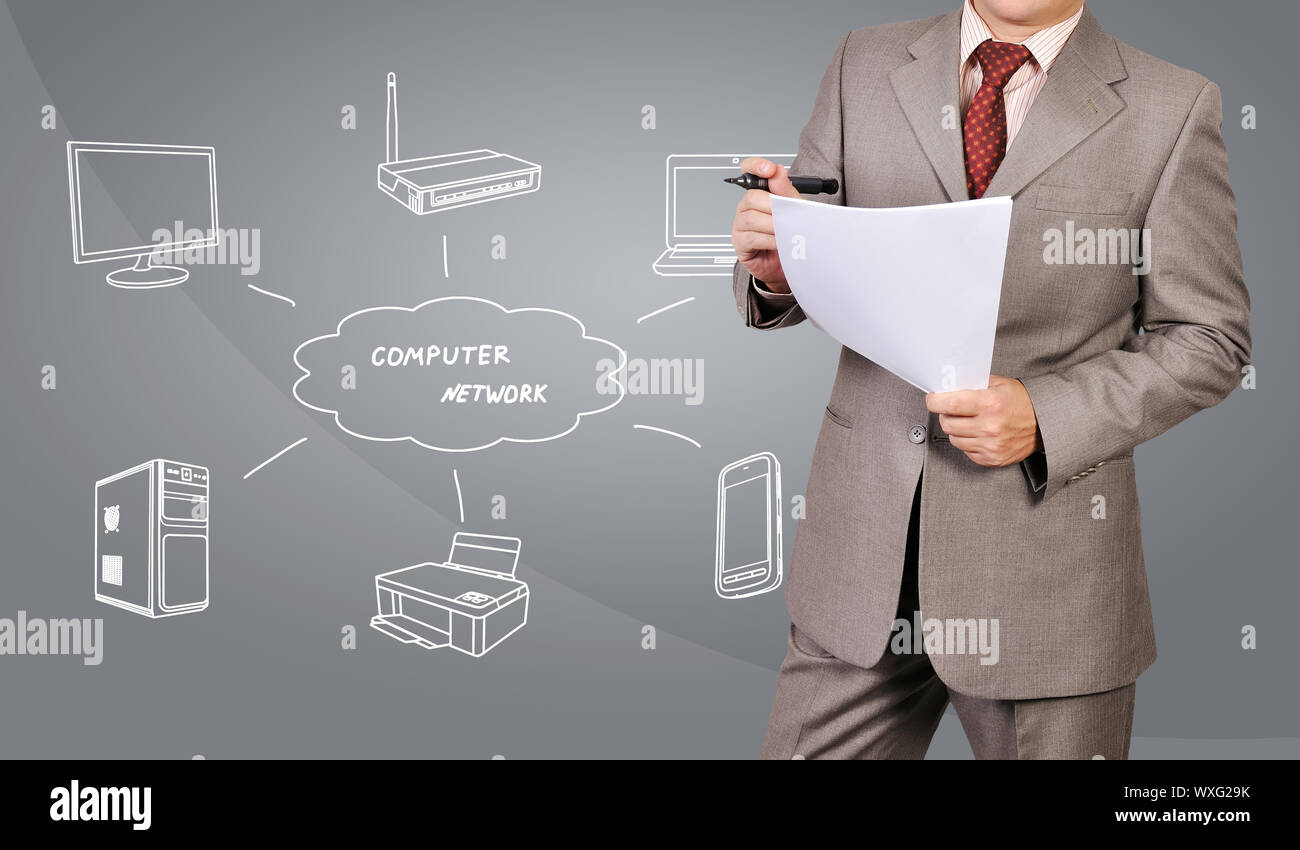 Imprenditore e rete di computer su sfondo bianco Foto Stock
