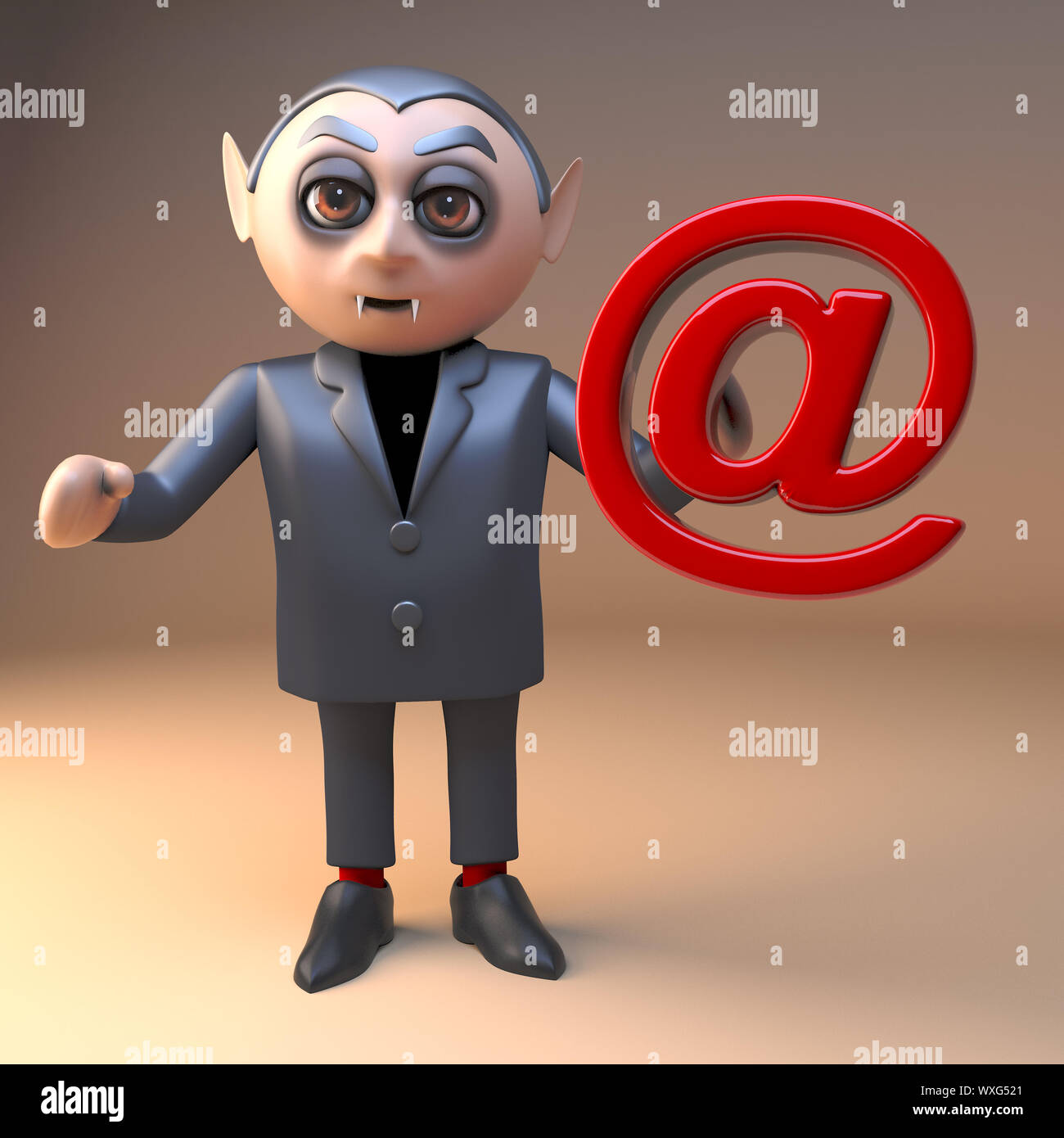Dracula vampiro cartoon 3d carattere Halloween in possesso di un indirizzo di posta elettronica internet simbolo, 3D render illustrazione Foto Stock