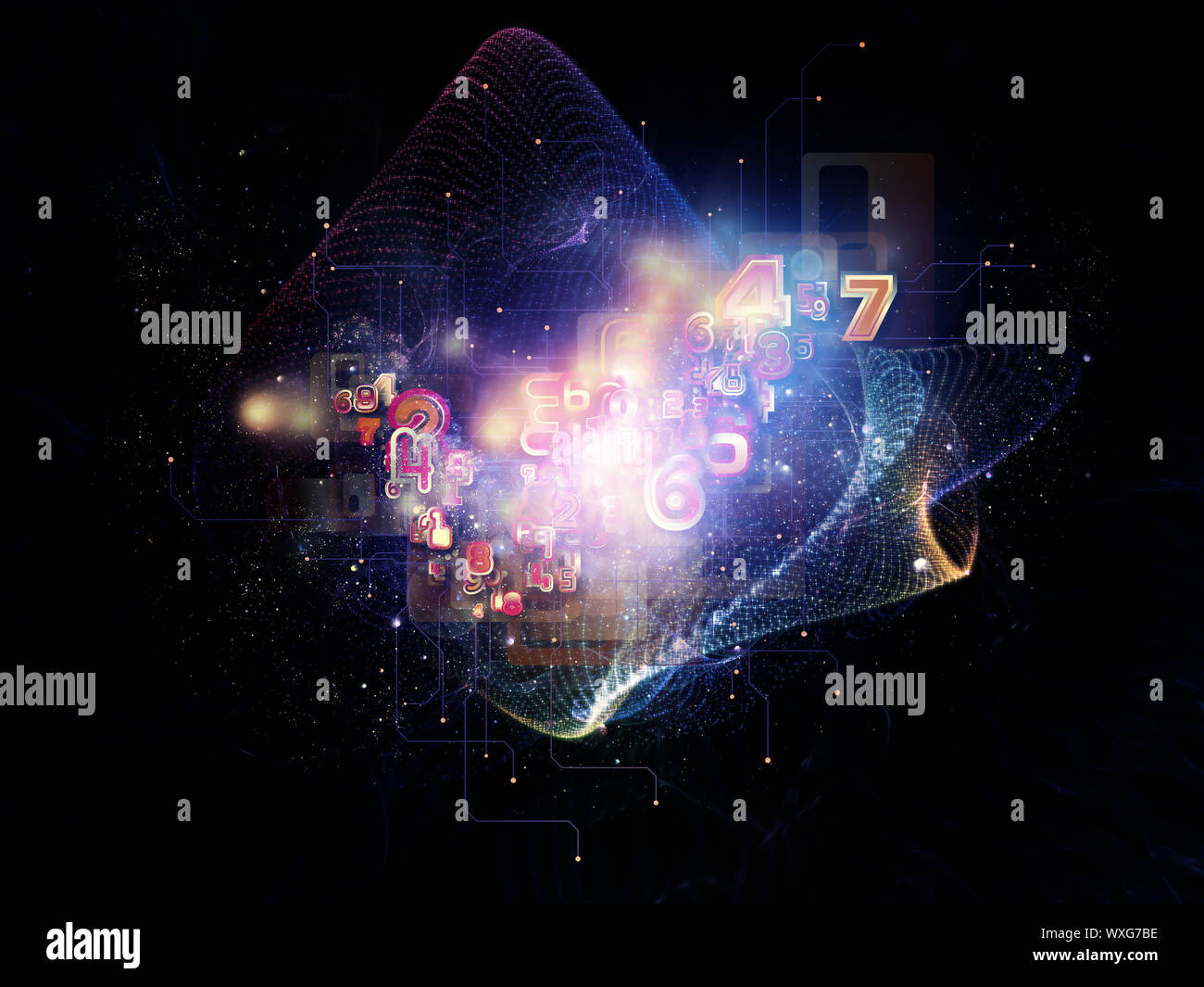 Abstract disposizione dei simboli, luci, fractal elementi adatti come sfondo per i progetti sulle comunicazioni digitali, scienza e cloud virtuali tec Foto Stock