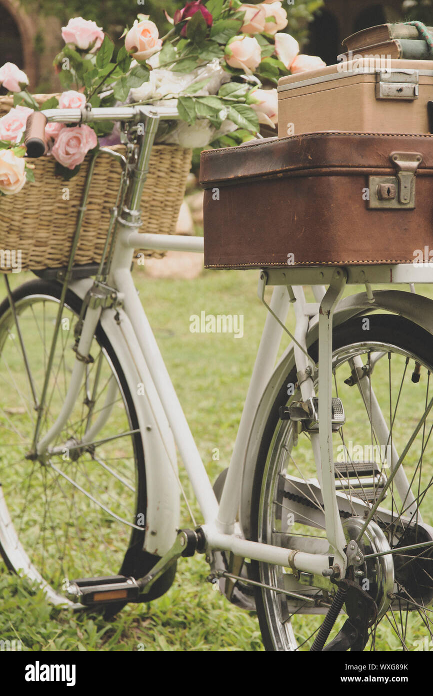 Vintage bicicletta sul campo con un sacchetto Foto Stock