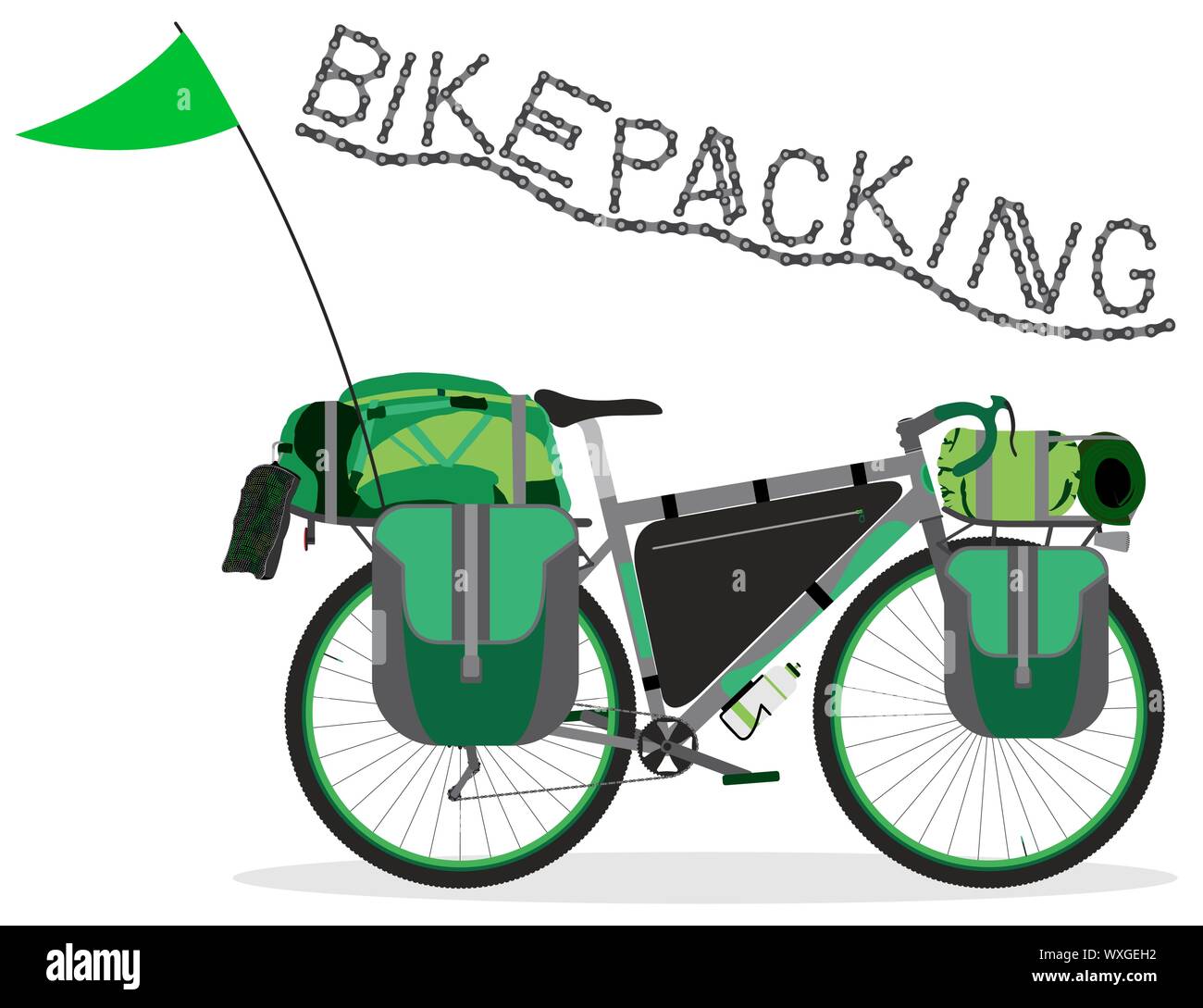 Illustrazione Vettoriale di biciclette da turismo con sacchi. Bikepacking bike con il campeggio e ingranaggio di traslazione su sfondo bianco Illustrazione Vettoriale