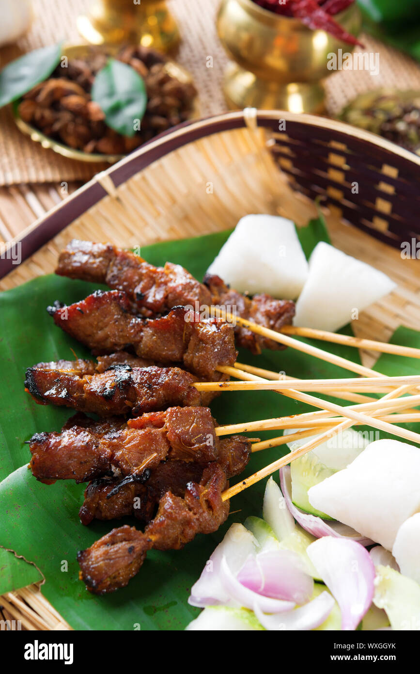 Carni bovine saté, carne arrosto spiedino di cibo malese. Tradizionale cibo di Singapore. Piccante e speziato piatto di Singapore, cucina asiatica. Foto Stock