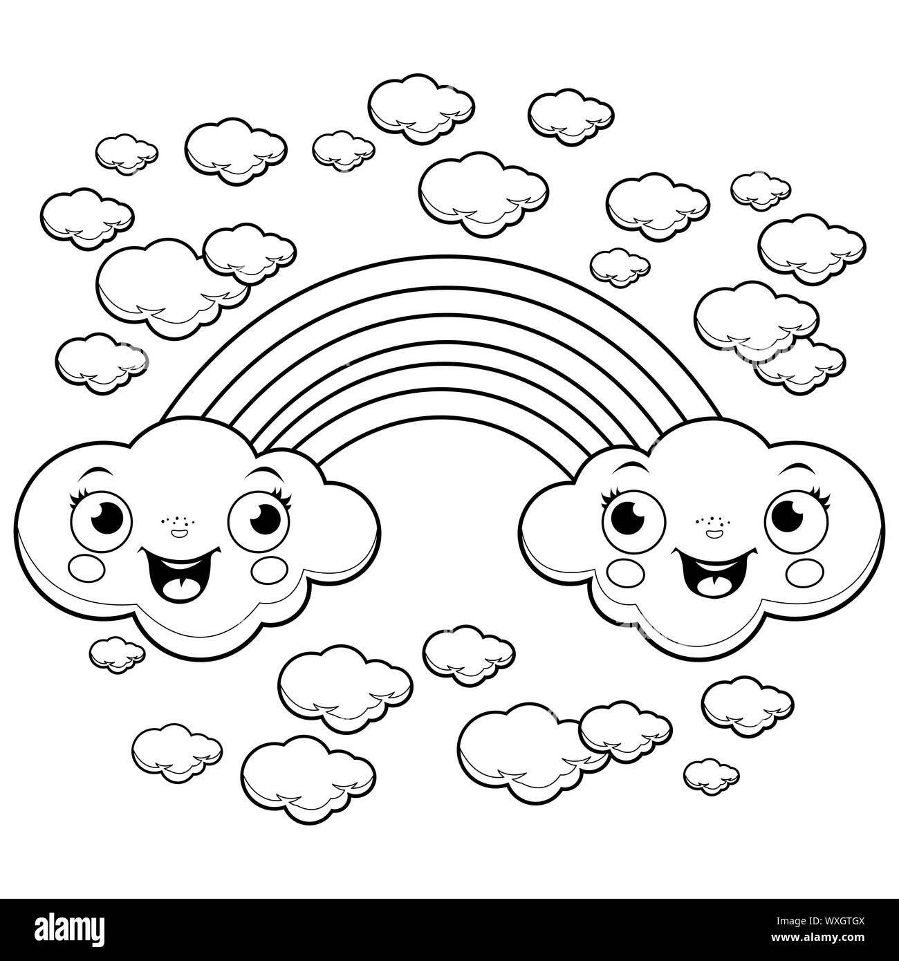 Personaggi delle nuvole di cartoni animati e un bell'arcobaleno nel cielo. Sfondo cielo, nuvole bianche e arcobaleno. Illustrazione della pagina da colorare in bianco e nero. Foto Stock