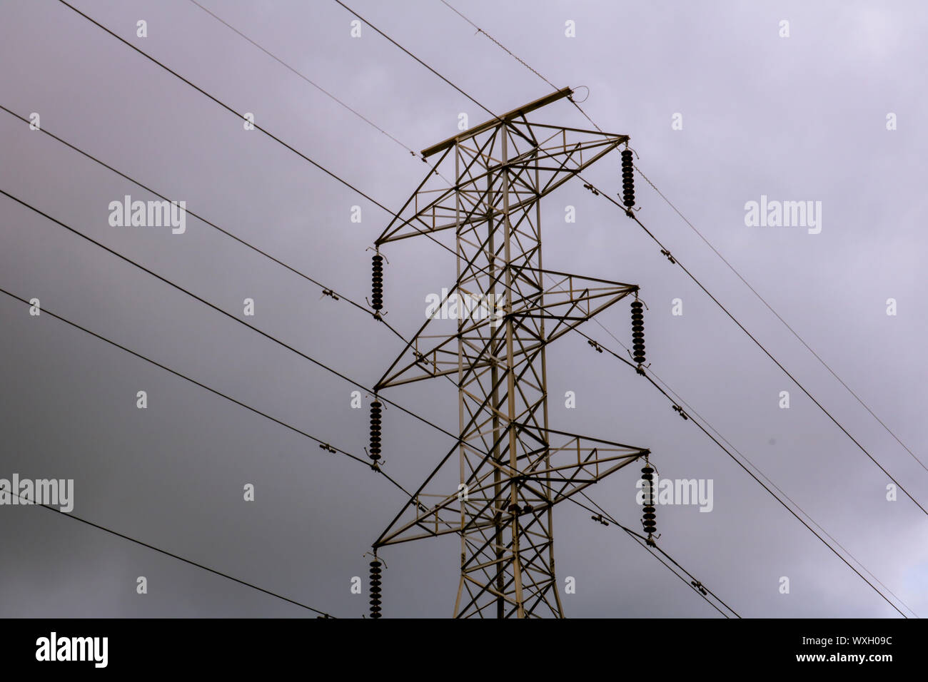 Telefono cellulare torre sulla parte superiore, Silhouette di palme e bellissimo cielo nuvoloso come sfondo Foto Stock