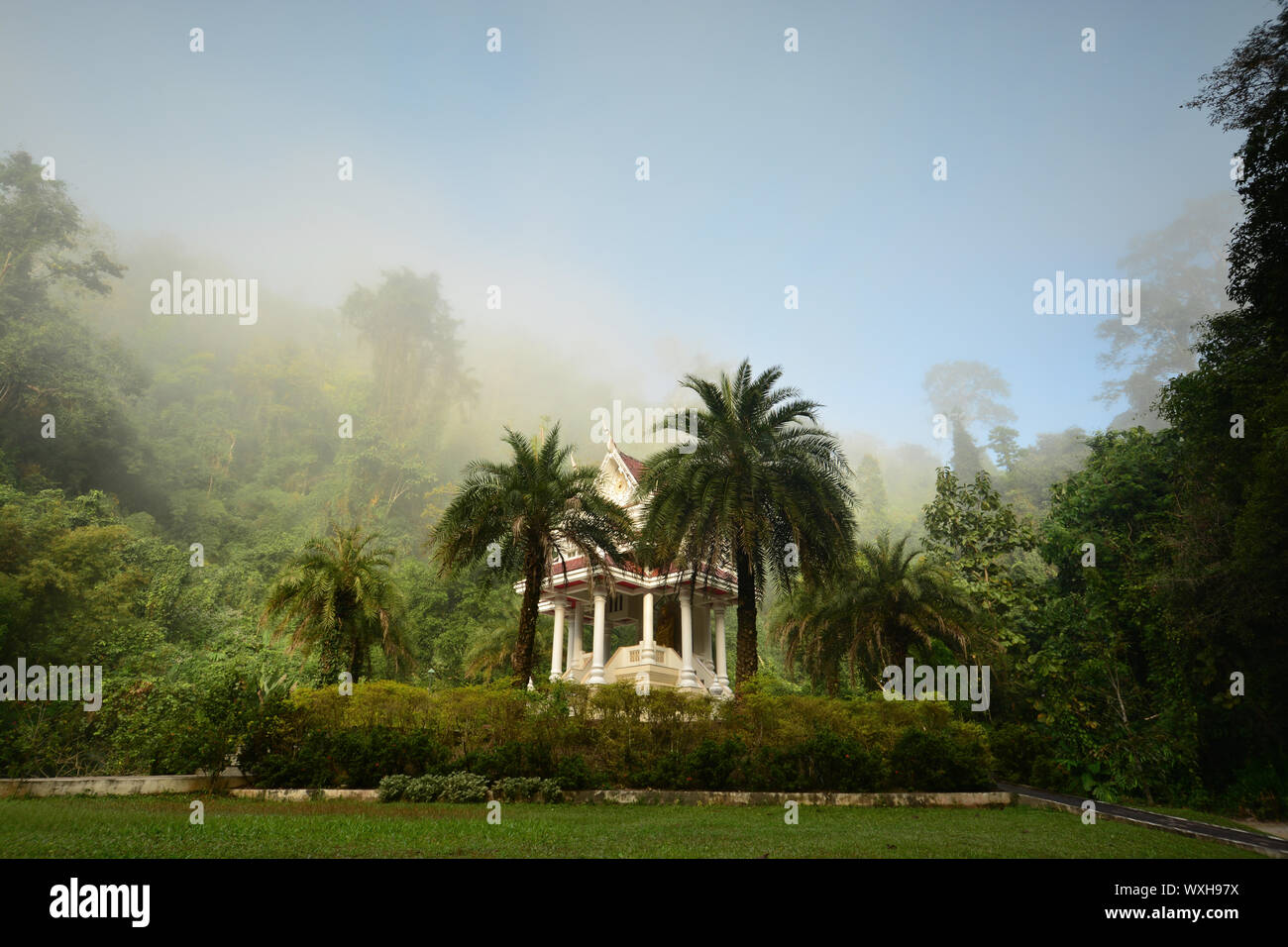 Un santuario buddista nella nebbia mattutina. Wat Tham Pha Plong monastero, Chiang Dao, Chiang Mai Provincia, Thailandia. Foto Stock
