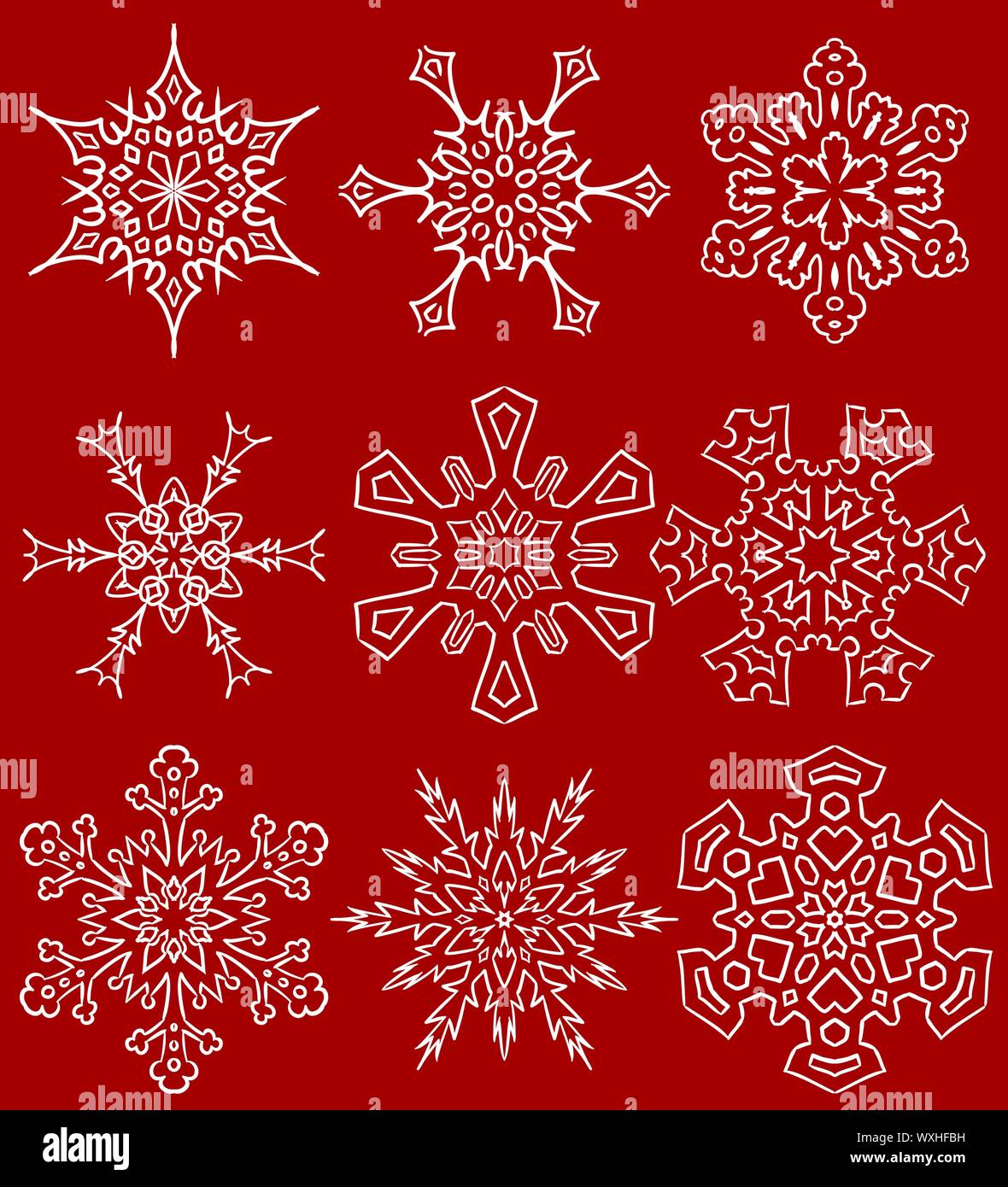 Set di disegnato sagome fiocco di neve Illustrazione Vettoriale