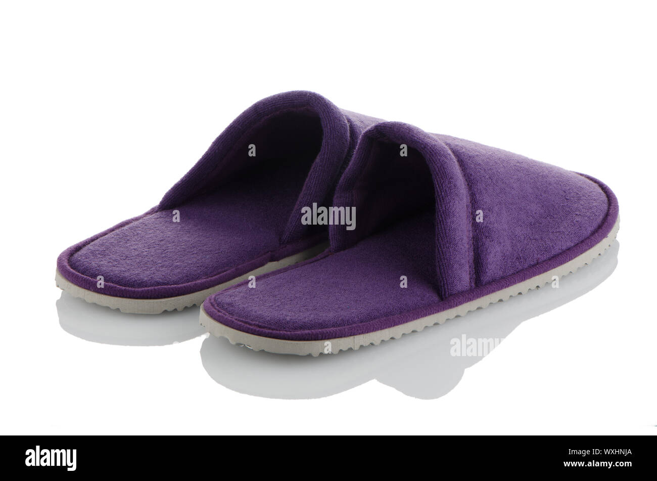 Un paio di pantofole viola su uno sfondo bianco. Foto Stock