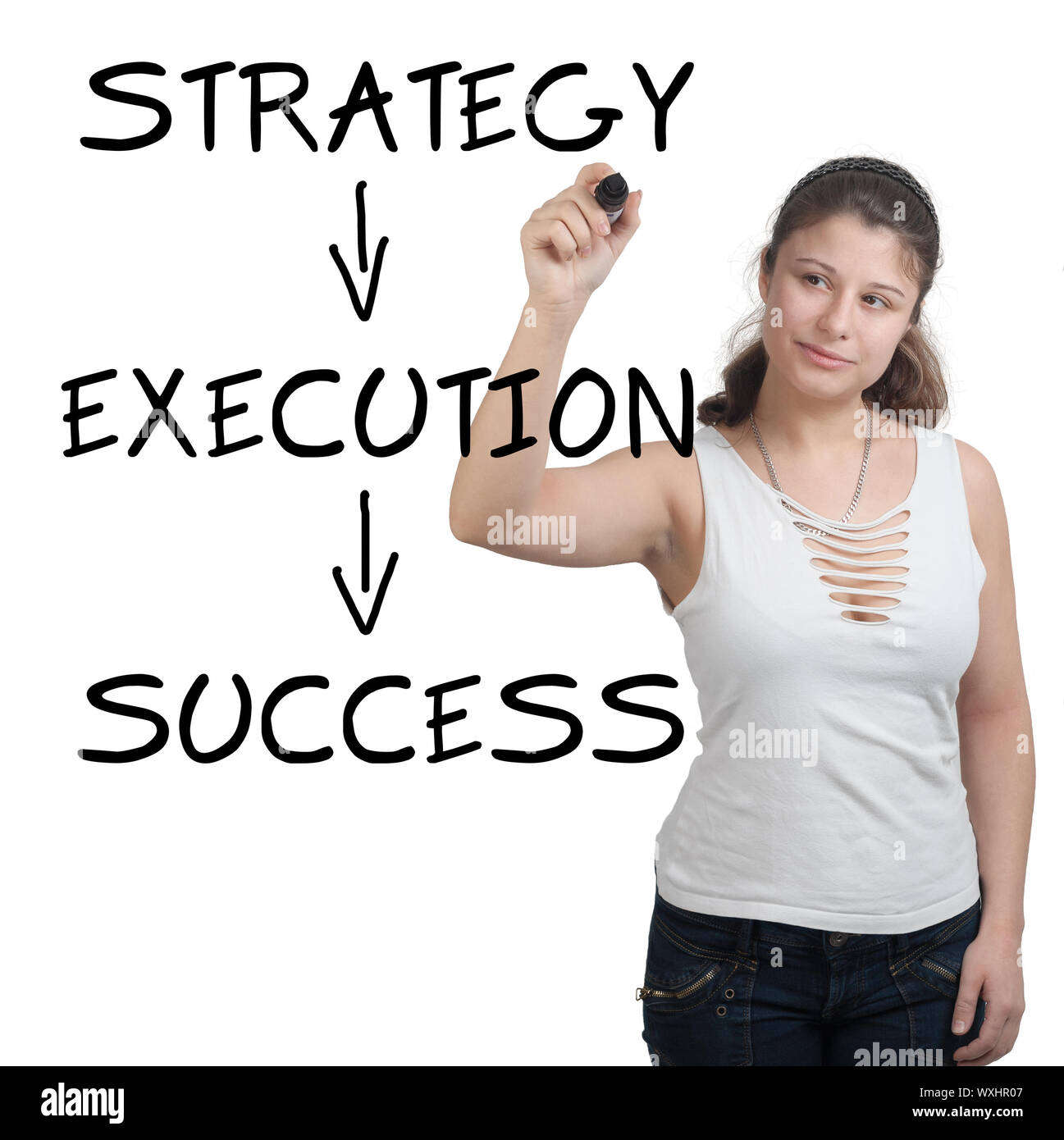 Concetto di successo: imprenditrice di disegno di un concetto di successo su una lavagna Foto Stock