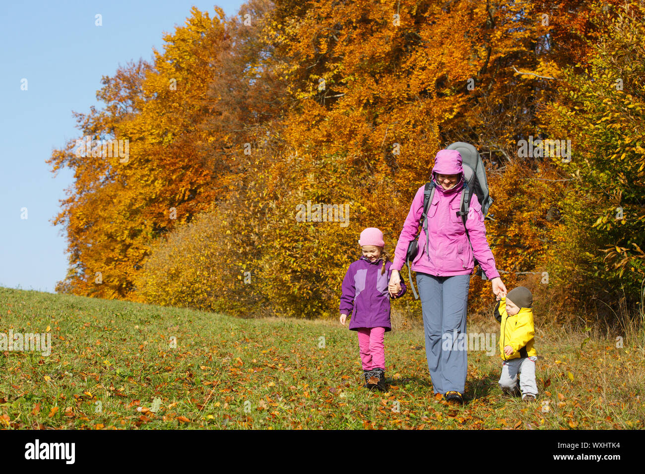 Madre con bambini in natura in una bella giornata autunnale tenendo le mani Foto Stock