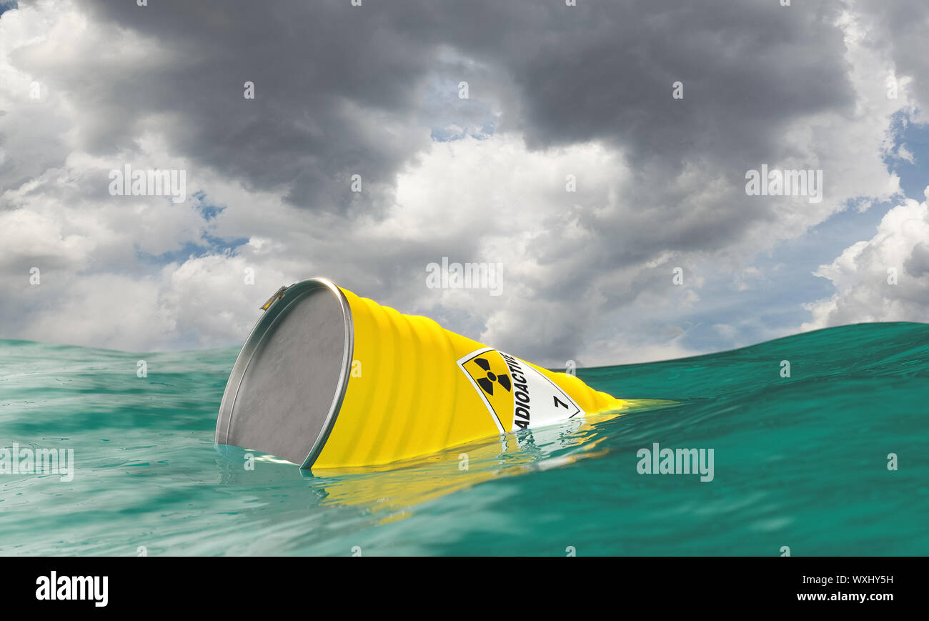 Canna contenenti rifiuti radioattivi galleggianti in mezzo al mare. 3d per il rendering di immagini. Concetto di disastro ecologico. Foto Stock