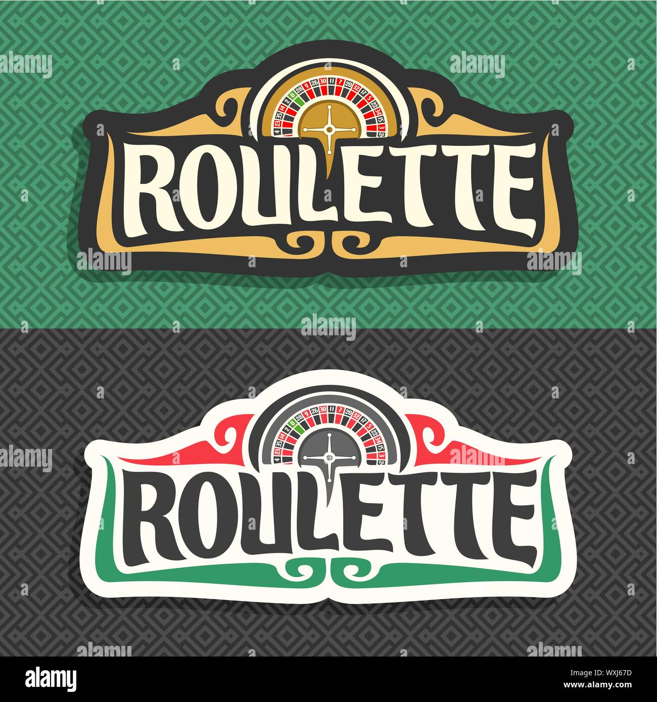 Il logo del vettore per la Roulette gamble: 2 striscioni con riproduzione di ruota, vintage font per word roulette sulla configurazione astratta. Illustrazione Vettoriale