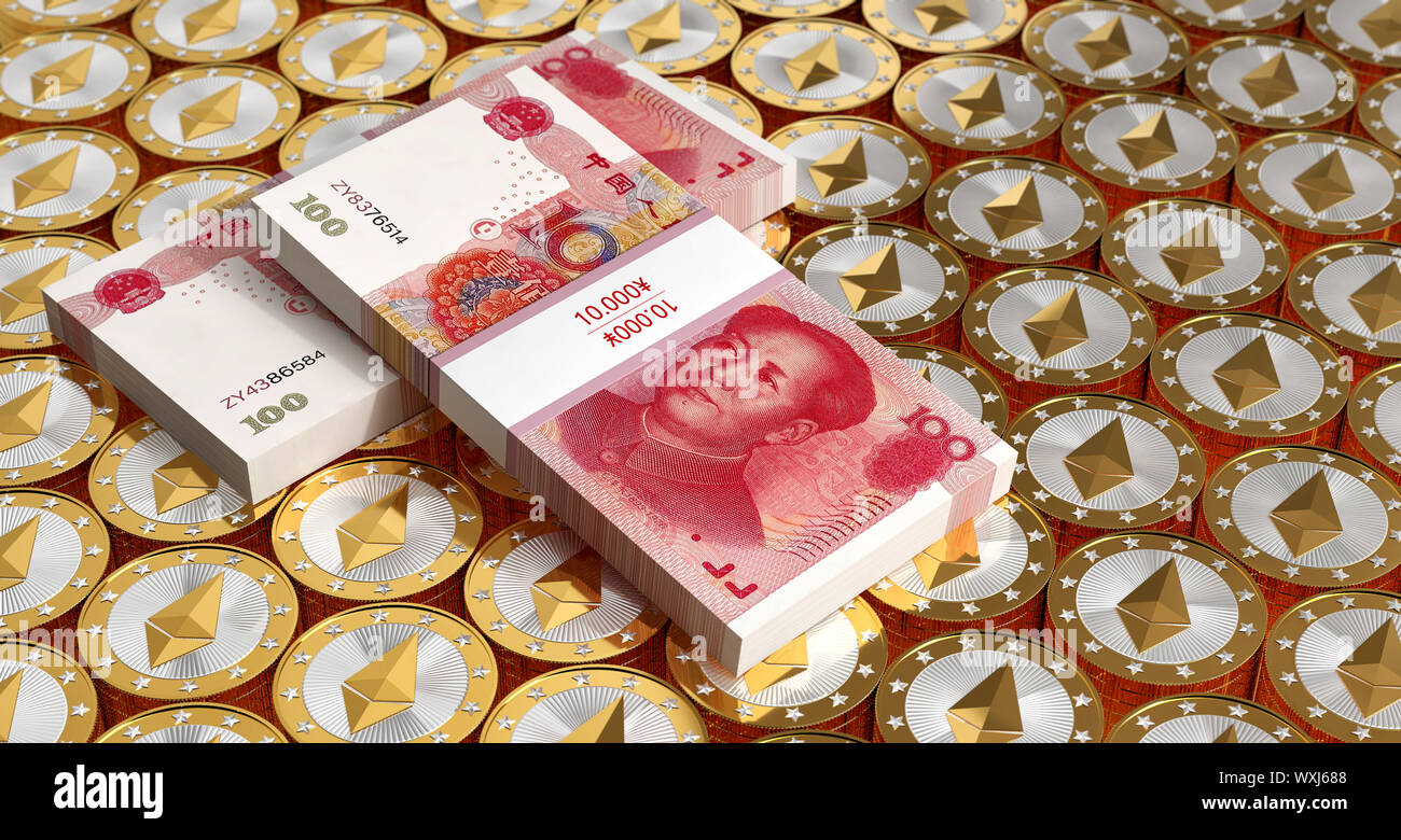 Golden Ethereum monete e yuan cinese (denaro) - 3D Rendering Foto Stock