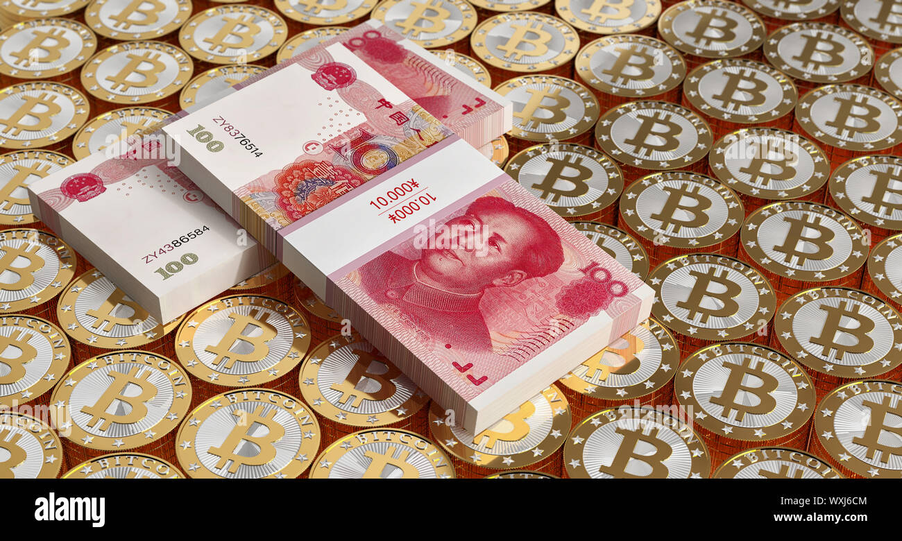 Golden Bitcoins e yuan cinese (denaro) - 3D Rendering Foto Stock