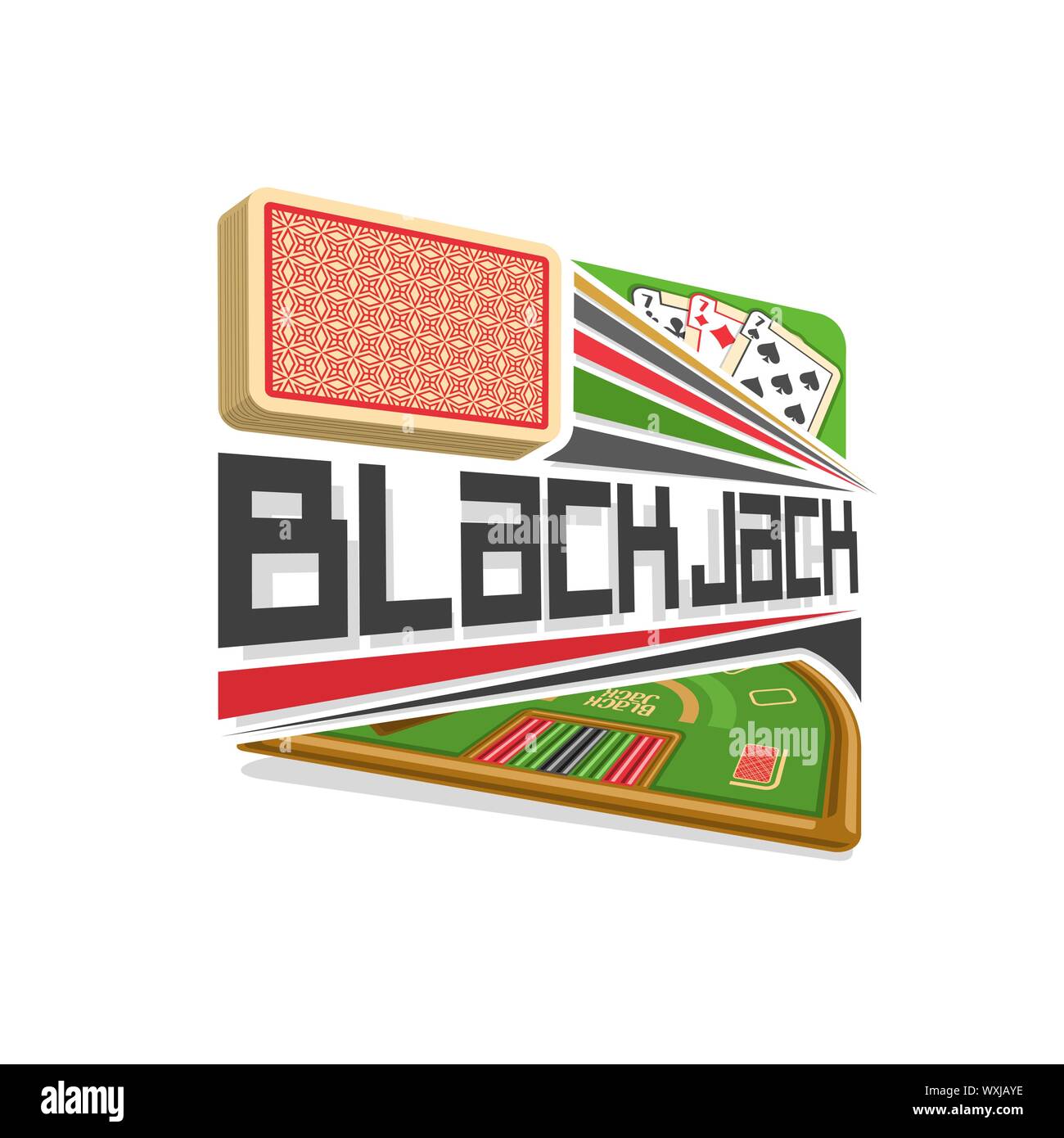Il logo del vettore per il Blackjack gamble: rosso mazzo di carte da gioco, tre sette di vari costumi, testo - black jack verde sopra la tabella per il gioco d'azzardo. Illustrazione Vettoriale