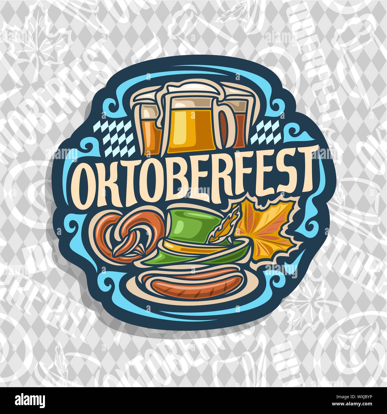 Il logo del vettore per Oktoberfest su grigio rombo: birra chiara in 3 tazze di vetro, scritte - Oktoberfest, pretzel e verde Cappello tirolese per fest, aut Illustrazione Vettoriale