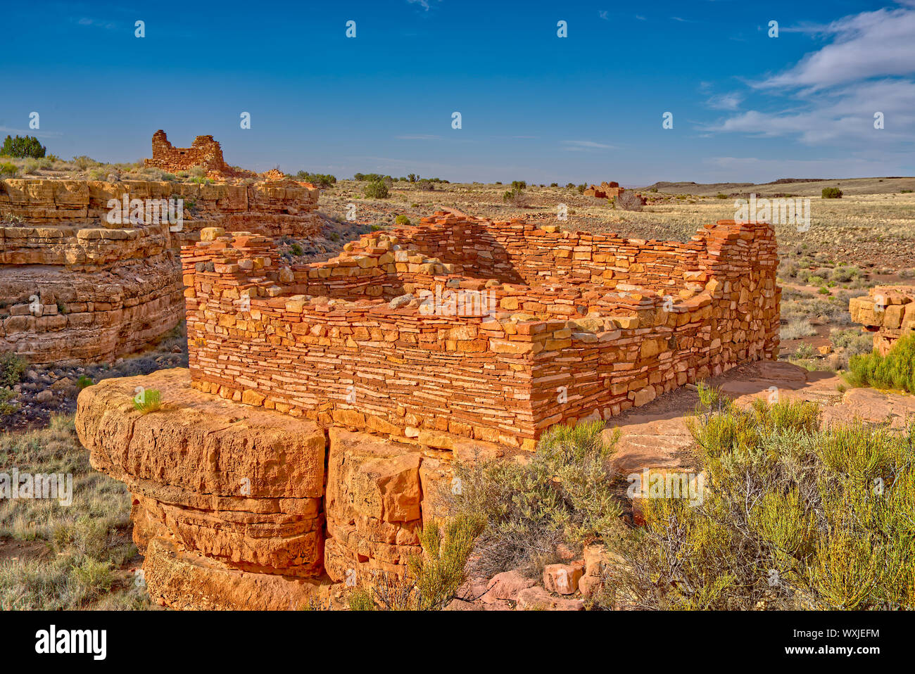 Due Box Canyon le abitazioni con Lomaki Rovine Pueblo in distanza, Wupatki National Monument, Arizona, Stati Uniti Foto Stock