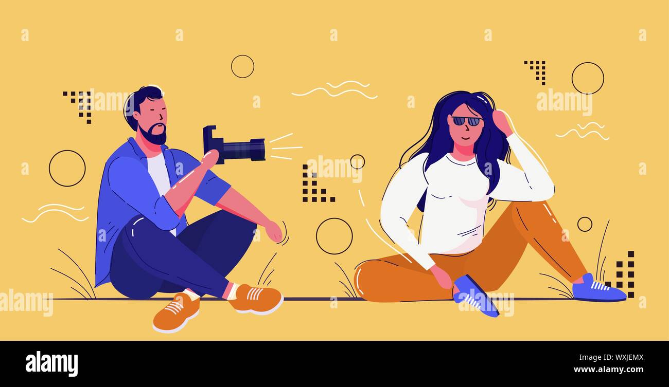 Professional fotografo maschio utilizzando digitale fotocamera DSLR a scattare splendide ragazza modello in posa per la fotografia di moda concetto shoot per tutta la lunghezza orizzontale Illustrazione Vettoriale