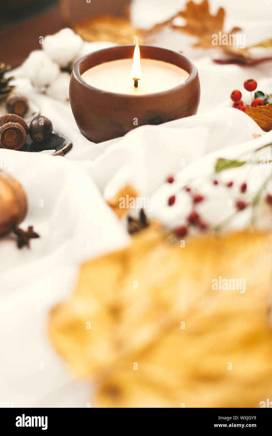 Hygge lifestyle. Candela, bacche e foglie di autunno, erbe e ghiande, dadi e marrone cappello sul tessuto bianco. In autunno l'umore. Ciao autunno, accogliente immagine ispiratrice. Foto Stock