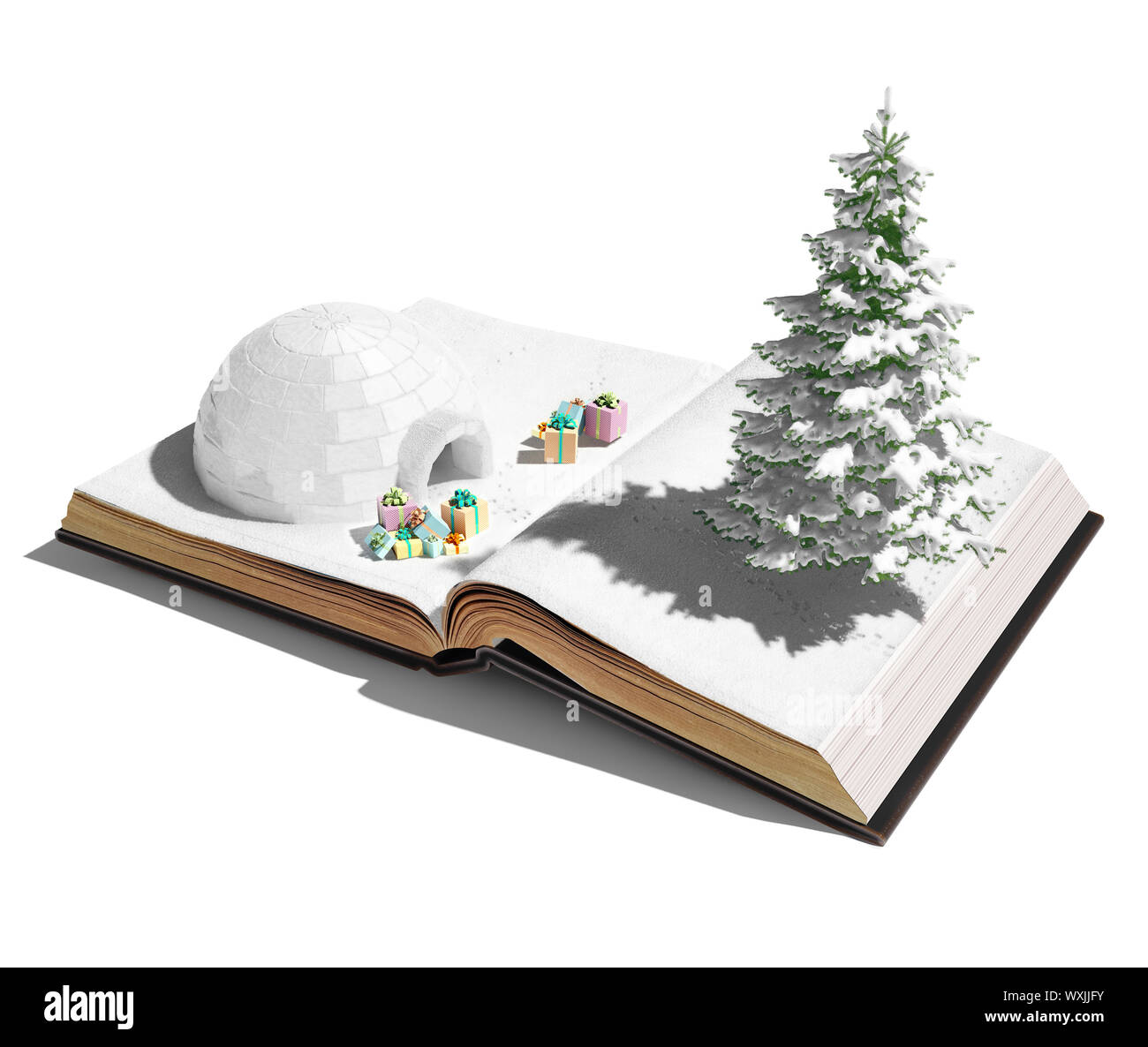 Igloo con i regali di Natale sul libro aperto. 3d concept Foto Stock