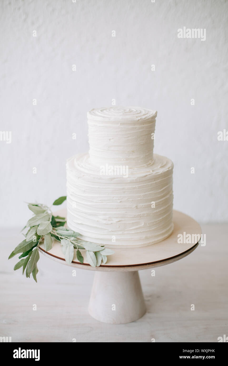 Semplice due tiered torta nuziale con glassa e olive branch decorazione Foto Stock