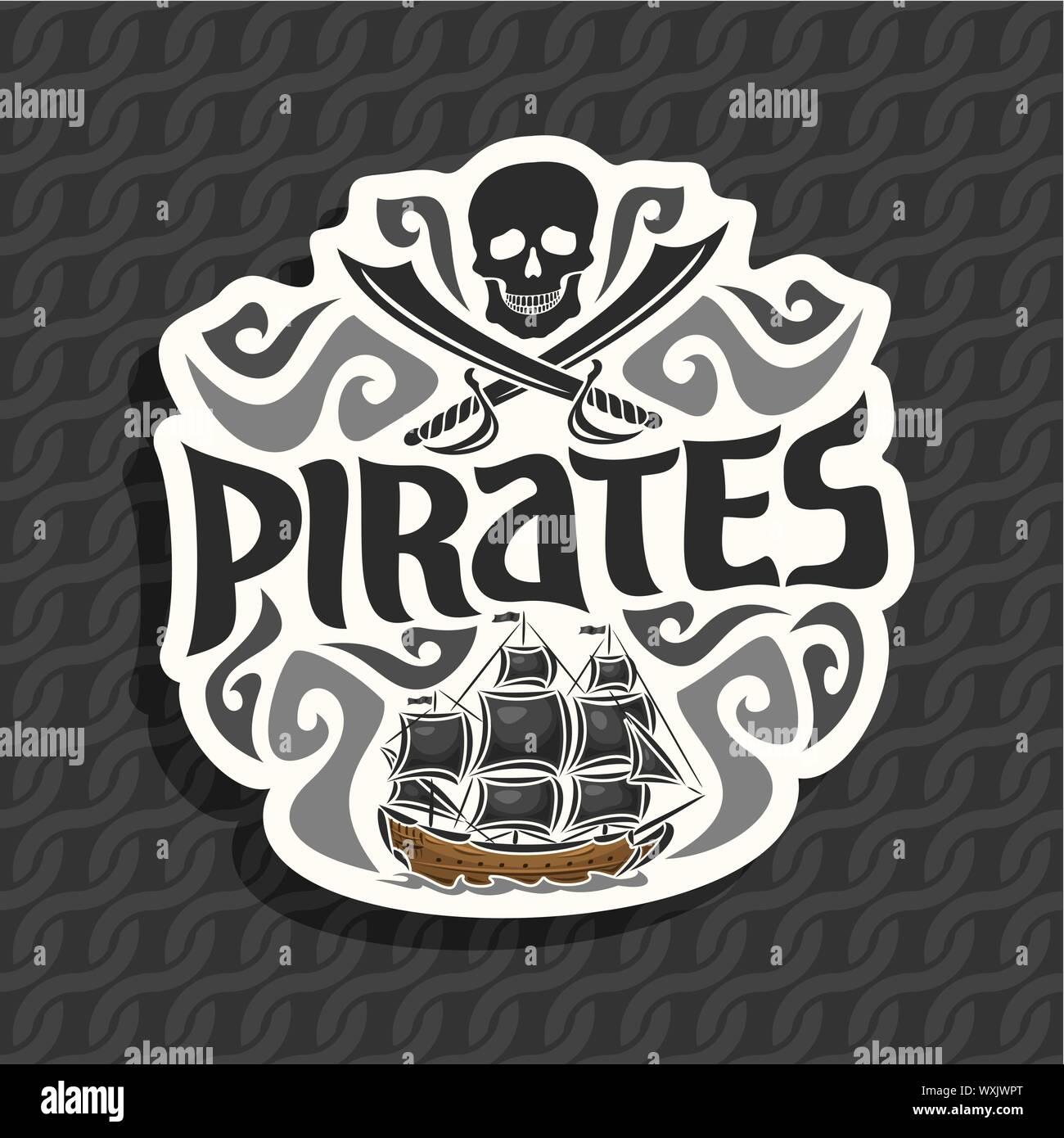 Il logo del vettore per i pirati: black skull e attraversato sciabole e vele vecchia nave con jolly roger bandiera su funi seamless pattern. Illustrazione Vettoriale